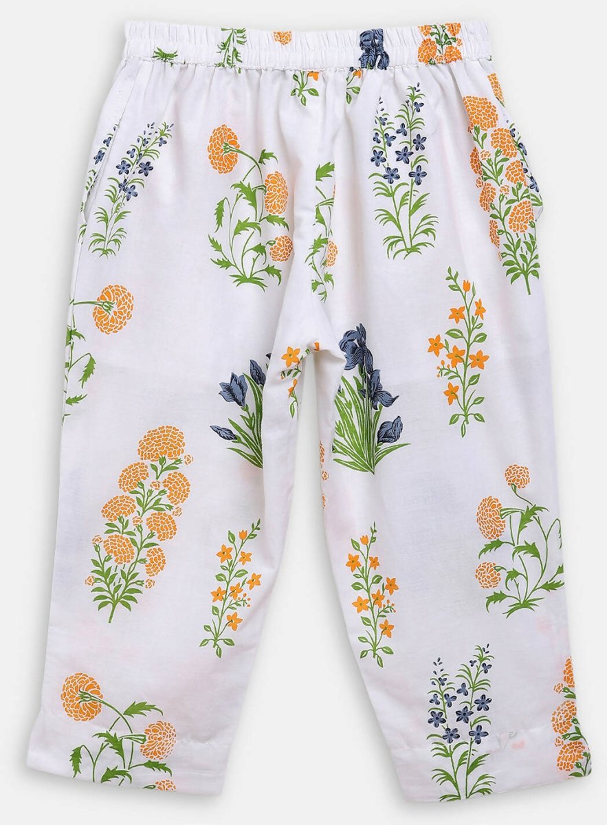 Ahalyaa White Cotton Straight Floral Printed Kids Kurta Pant Sets With Dupatta For Girls | Grocsy
