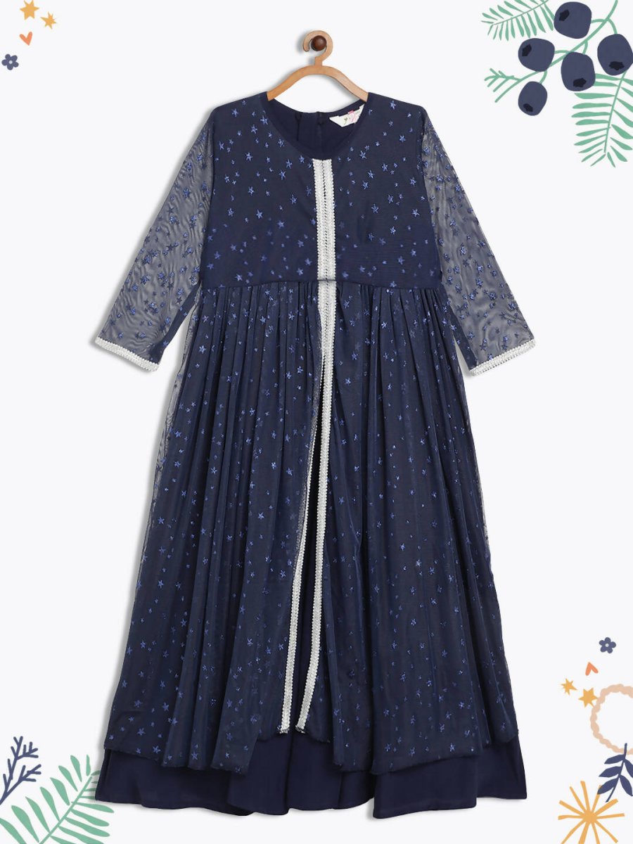 Ahalyaa Navy Blue Net Foil Print Kids Dress For Girls | Grocsy