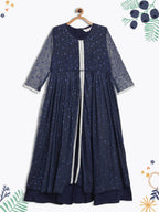Ahalyaa Navy Blue Net Foil Print Kids Dress For Girls | Grocsy