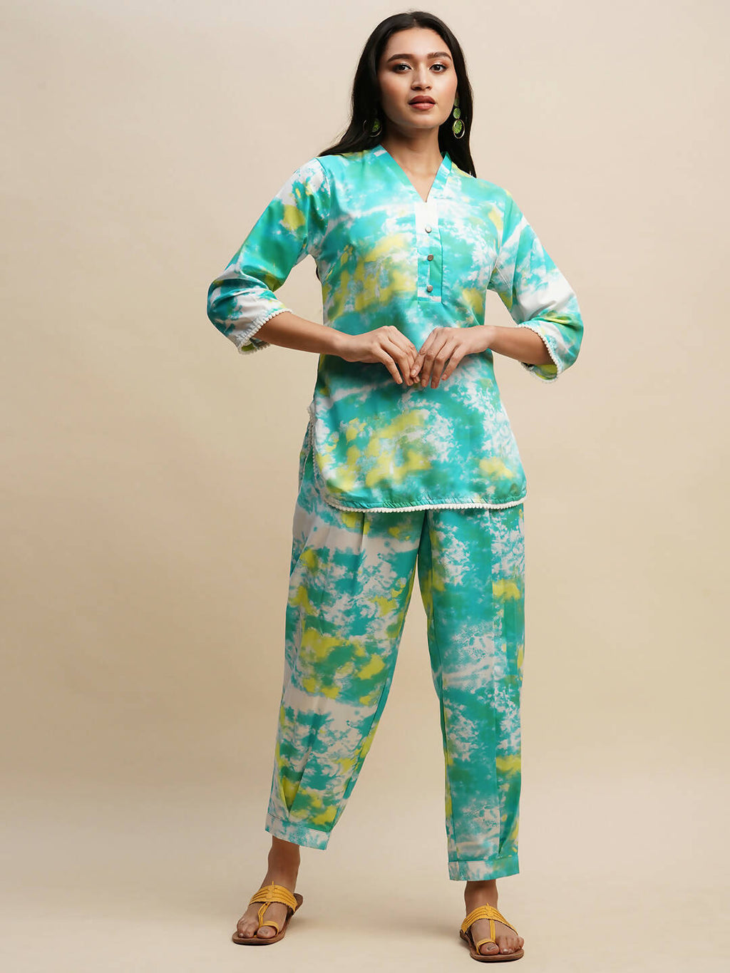 Sky Blue Poly Rayon Tie and dye Printed Top with Matching Trouser - Shivani | Grocsy