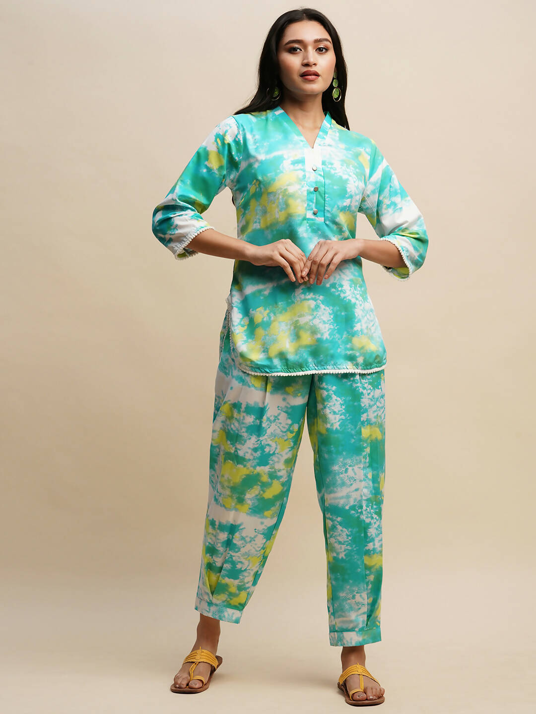 Sky Blue Poly Rayon Tie and dye Printed Top with Matching Trouser - Shivani | Grocsy