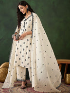 Sangria Off White Floral Embroidered Pure Cotton Mirror Work Kurta & Palazzos With Dupatta | Grocsy