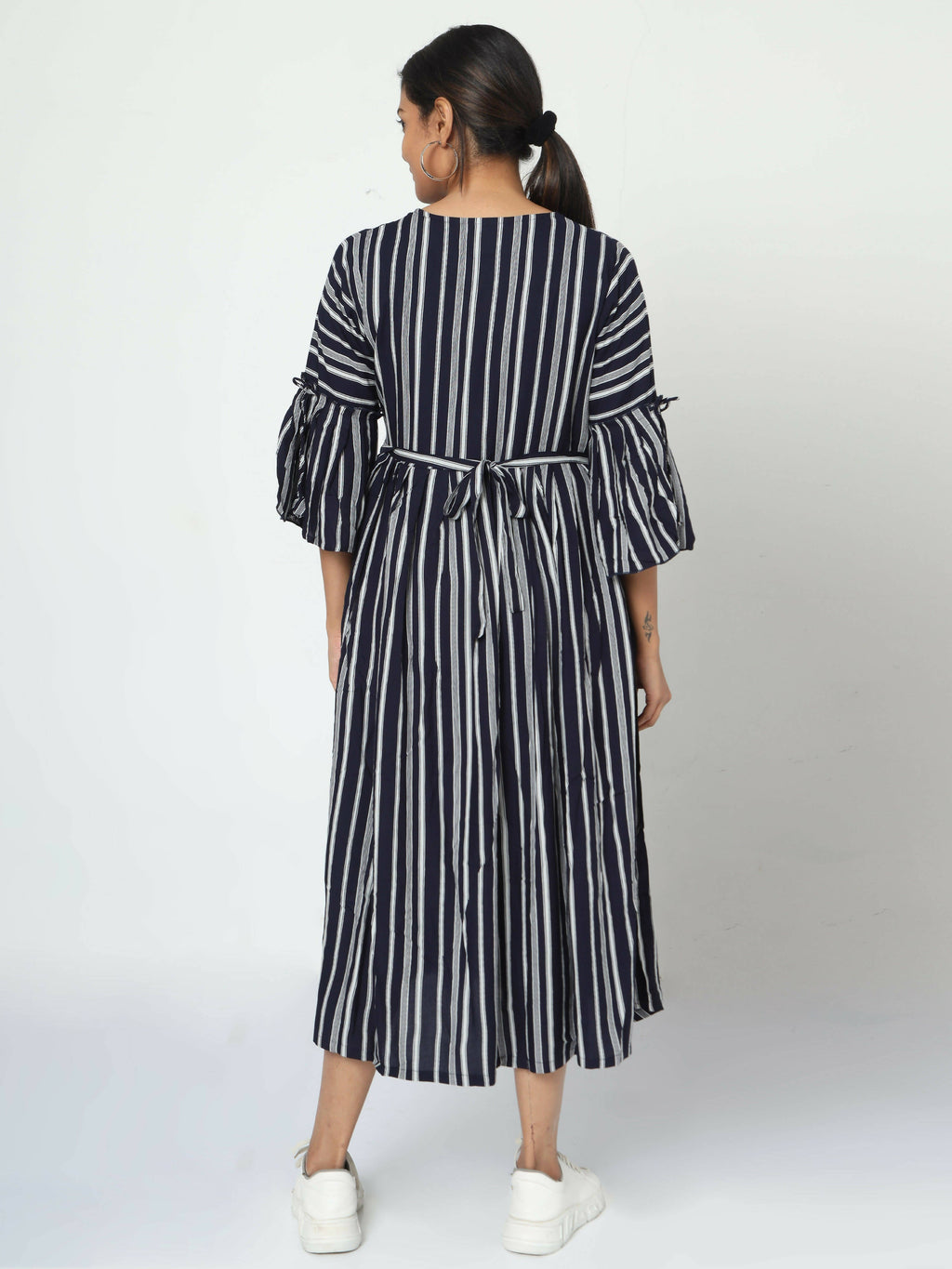 Manet Three Fourth Maternity Dress With Concealed Zipper Nursing Access - Navy Blue | Grocsy
