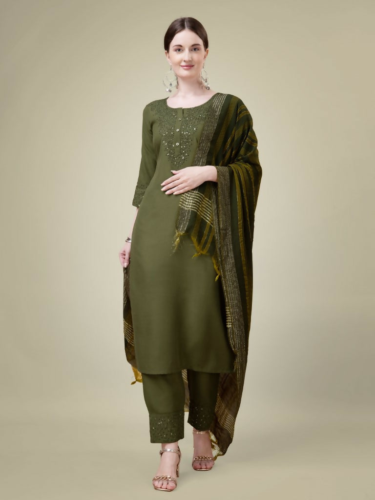 Jyoti Fashion Women's Mehendi Cotton Blend Embroidery & Sequence work Kurta with Trouser & Dupatta | Grocsy
