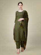 Jyoti Fashion Women's Mehendi Cotton Blend Embroidery & Sequence work Kurta with Trouser & Dupatta | Grocsy