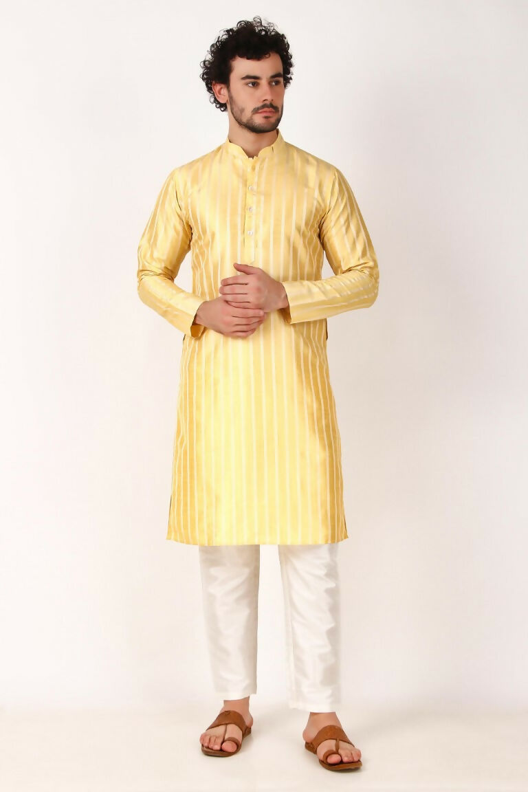 Lemon Art Silk Woven Designer Men's Rajwadi Kurta Set - Mahotsav | Grocsy
