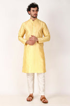 Lemon Art Silk Woven Designer Men's Rajwadi Kurta Set - Mahotsav | Grocsy