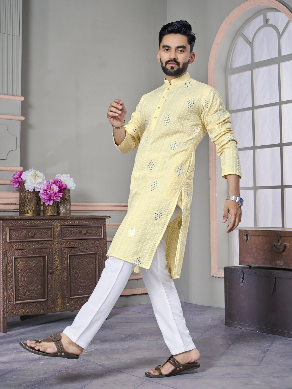 Yellow Linen Men Kurta Pajama Set by Infinity Export | Grocsy