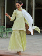 Juniper Women's Lime Green Cambric Floral Print Kurta Sharara Sets | Grocsy