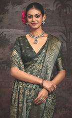 Joban Fashion Mehendi Green Dola Tussar Silk Self Jacquard Border Saree | Grocsy