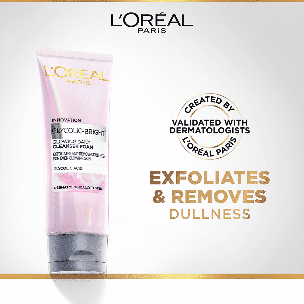 L'Oreal Paris Glycolic Acid Glowing And Protecting CSMS (Cleanser, Serum, Moisturizer, Sunscreen) Regime Kit | Grocsy