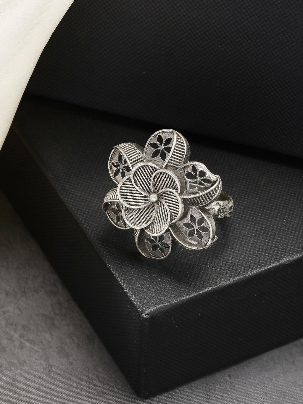 NVR Women's Silver-Toned Floral Shape Adjustable Finger Ring | Grocsy