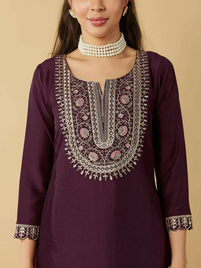 The52 Women's Beautiful Chanderi Silk Fabric Embroidery Work Straight Kurta Pant and Dupatta Set | Grocsy