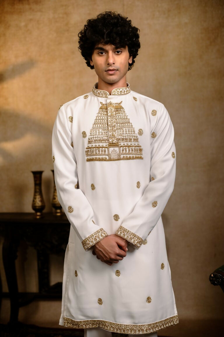 Falling Raw Silk White Devalaya Kurta By Hilo Design | Grocsy