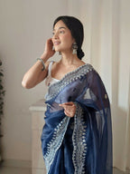 Vamsee Shirovastra Navy Blue Organza Saree | Grocsy