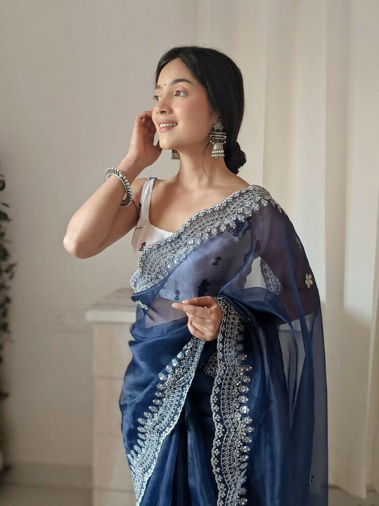 Vamsee Shirovastra Navy Blue Organza Saree | Grocsy