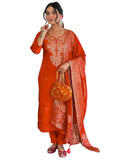 The52 Rust Women's Gorgeous Roman Silk Fabric Straight Kurta, Pant and Dupatta Set | Grocsy
