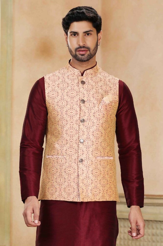 Raivat Ethnic Jacquard Banarasi Silk Woven Work 3 Pics Jacket Set In Beige Maroon Colour | Grocsy
