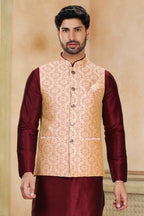 Raivat Ethnic Jacquard Banarasi Silk Woven Work 3 Pics Jacket Set In Beige Maroon Colour | Grocsy