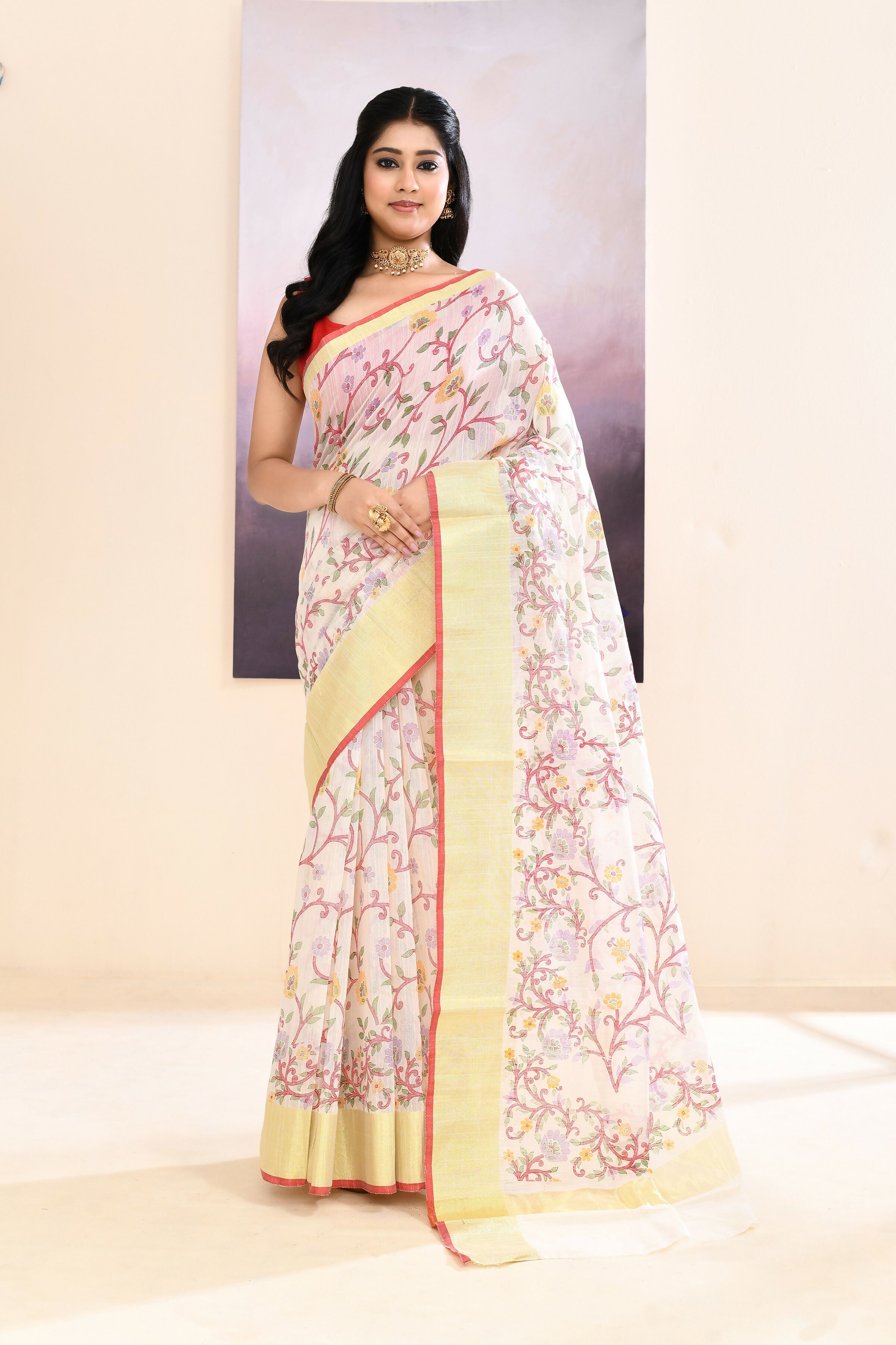 Piyari Fashion Women's White Embellished Cotton Blend Printed Saree | Grocsy