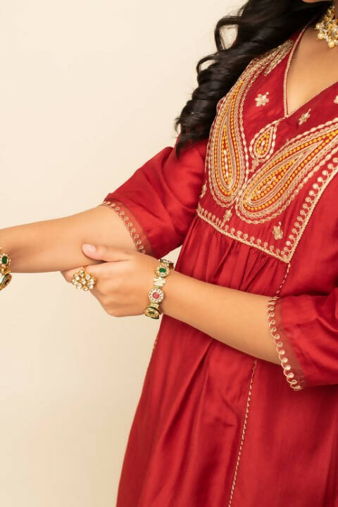 FIORRA Women's Red Silk Blend A-Line Kurta Palazzo Set With Dupatta | Grocsy