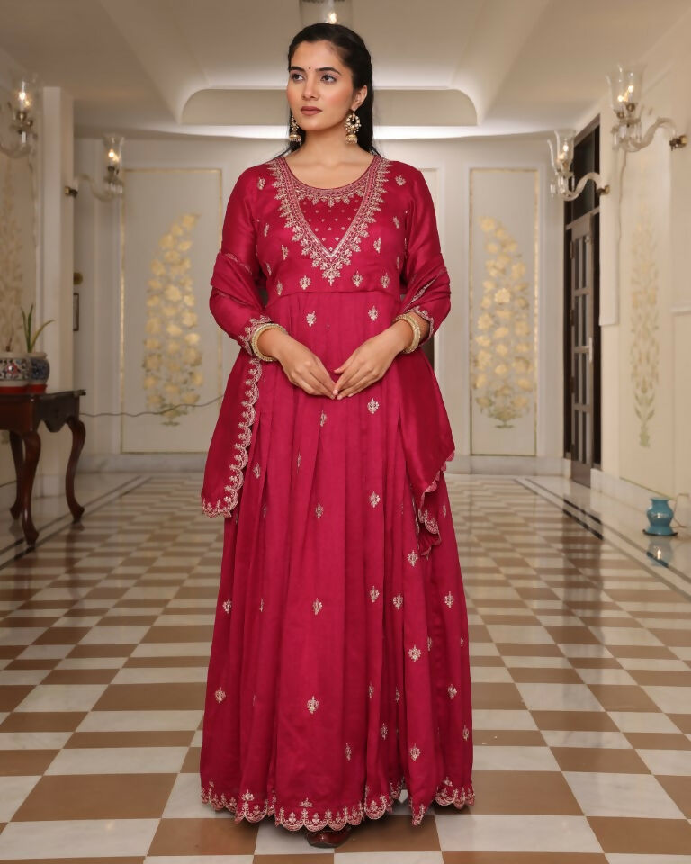 Jyoti Fashion Women's Rani Pink Soft Silk Embroidered Designer Kurta Set | Grocsy