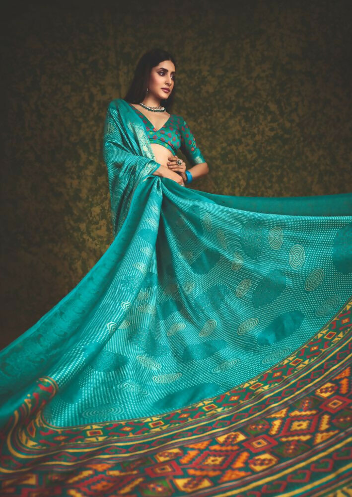 Joban Fashion Sea Green Velvet Tussar Silk with Foil Print Saree | Grocsy
