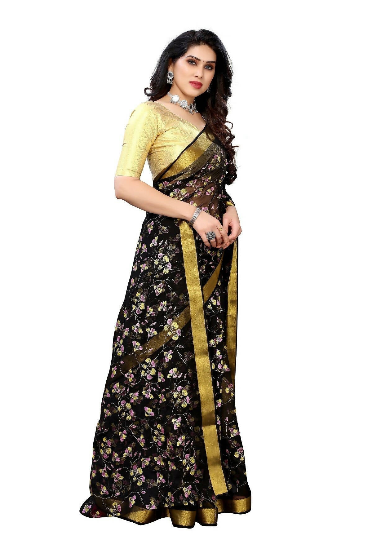 Vamika Black Printed Chiffon Saree (UJALA BLACK) | Grocsy