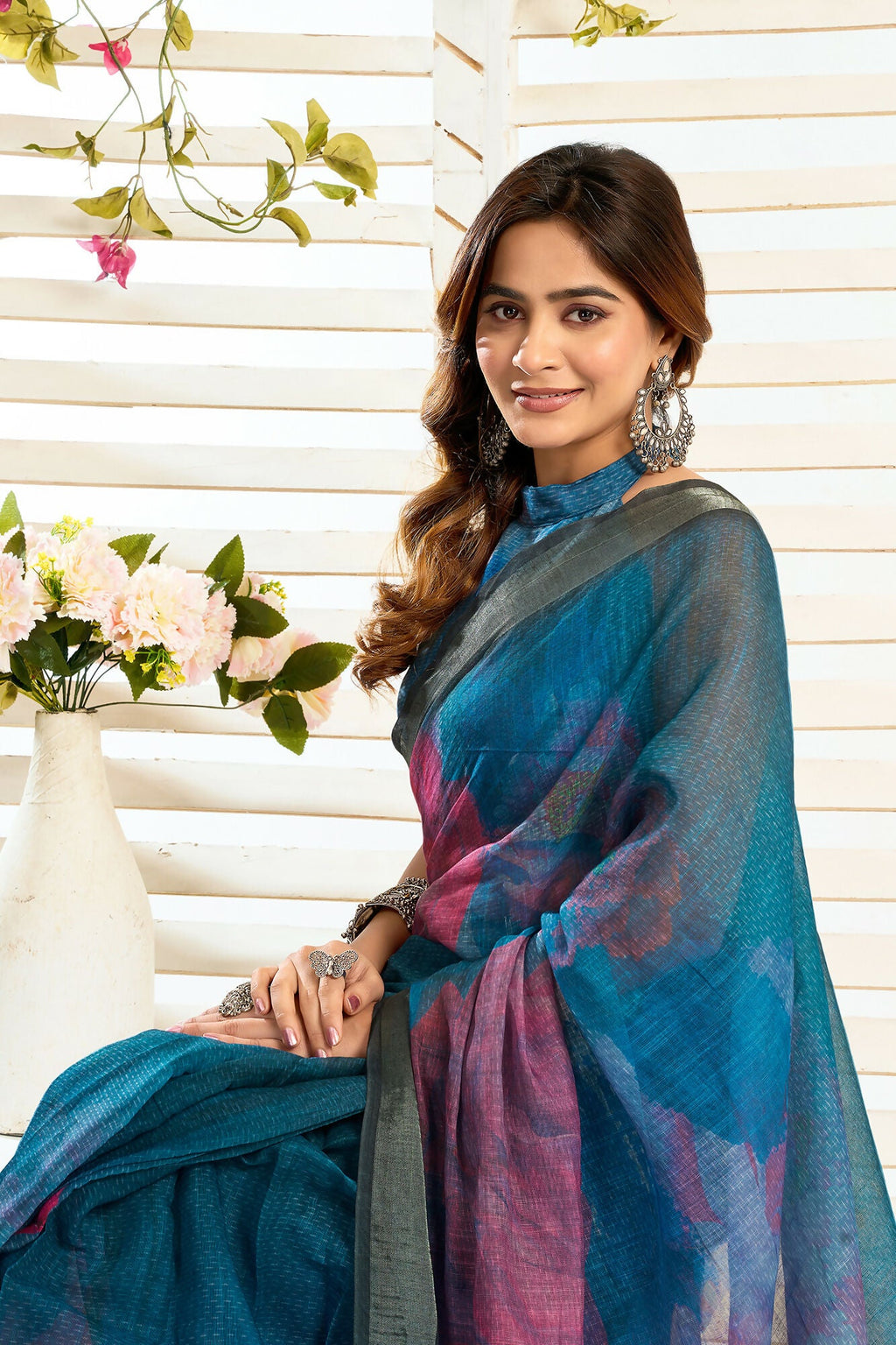 Vastranavya Teal Digital Printed Linen Ready To Wear Designer Saree with Unstitched Blouse | Grocsy