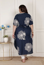 Miravan Womens Plus Size Blue Floral Printed Front Buttoned A-Line Kurta Dress | Grocsy