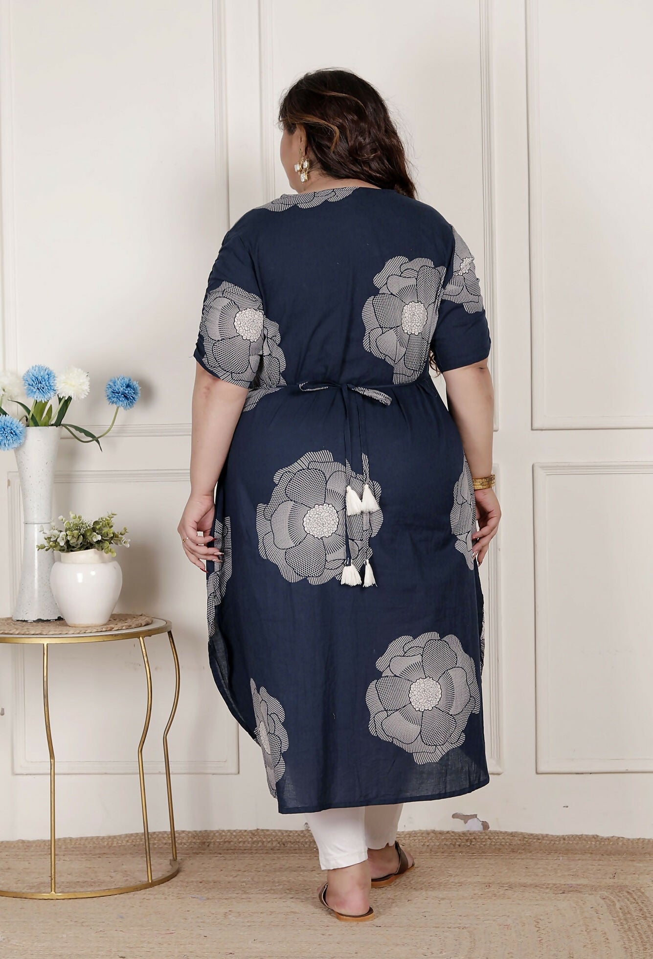Miravan Womens Plus Size Blue Floral Printed Front Buttoned A-Line Kurta Dress | Grocsy