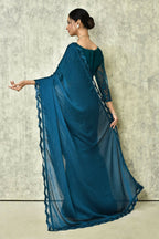 Blue Silk Stripe Saree With Blouse Piece - Purvi | Grocsy