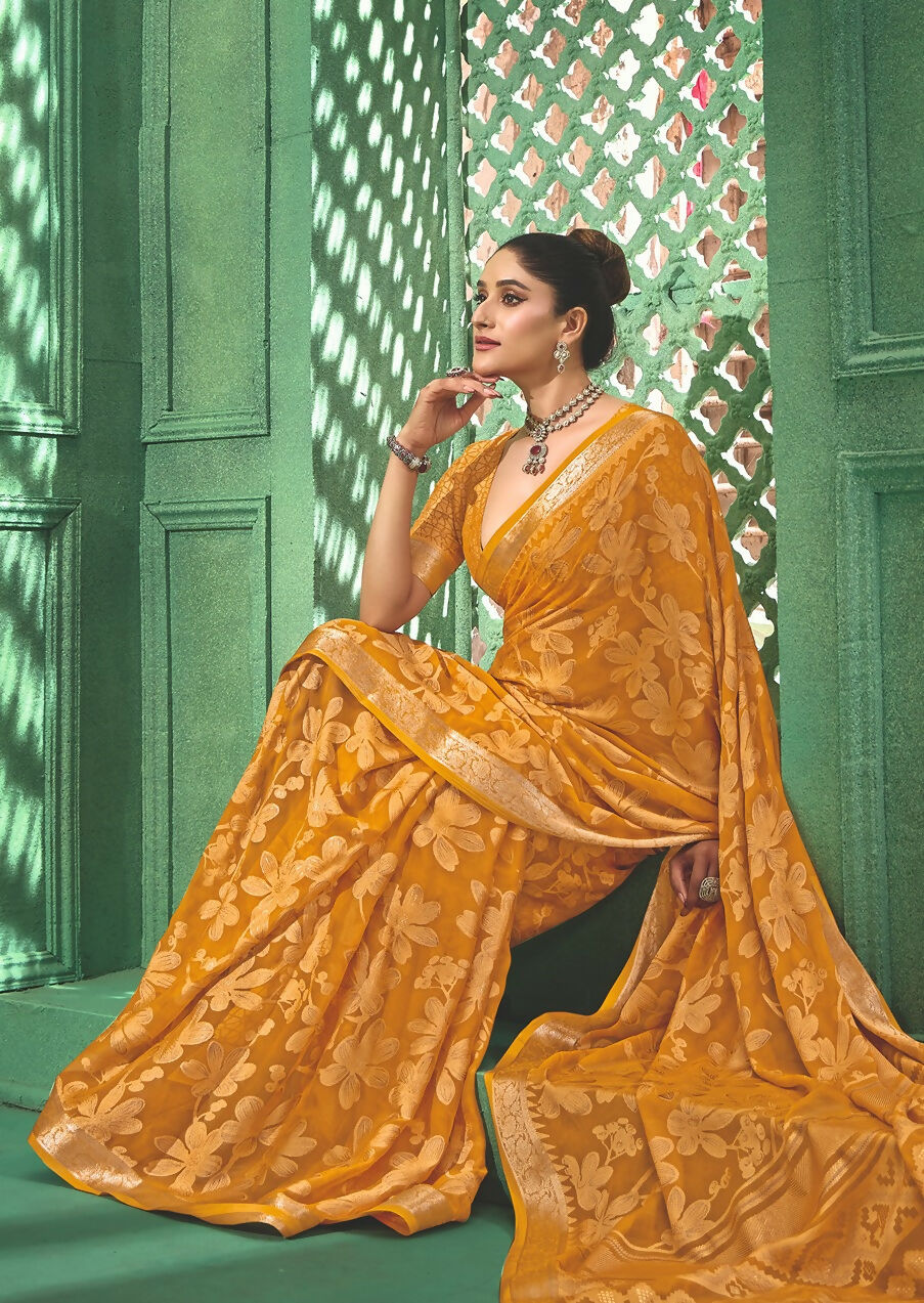 Joban Fashion Yellow Dull Moss Brasso With Kasab Zari Border Saree & Tassels With Brasso Blouse | Grocsy