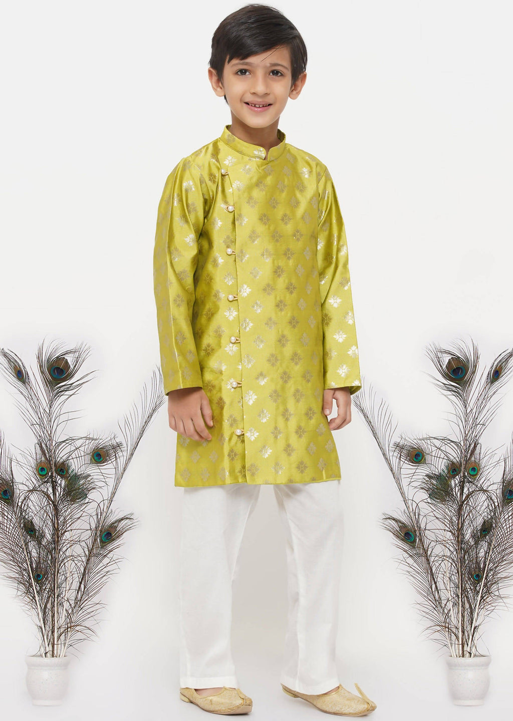 Little Bansi Boys Banarsi Silk Sherwani & Pyjama - Apple Green & Cream | Grocsy