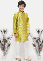 Little Bansi Boys Banarsi Silk Sherwani & Pyjama - Apple Green & Cream | Grocsy