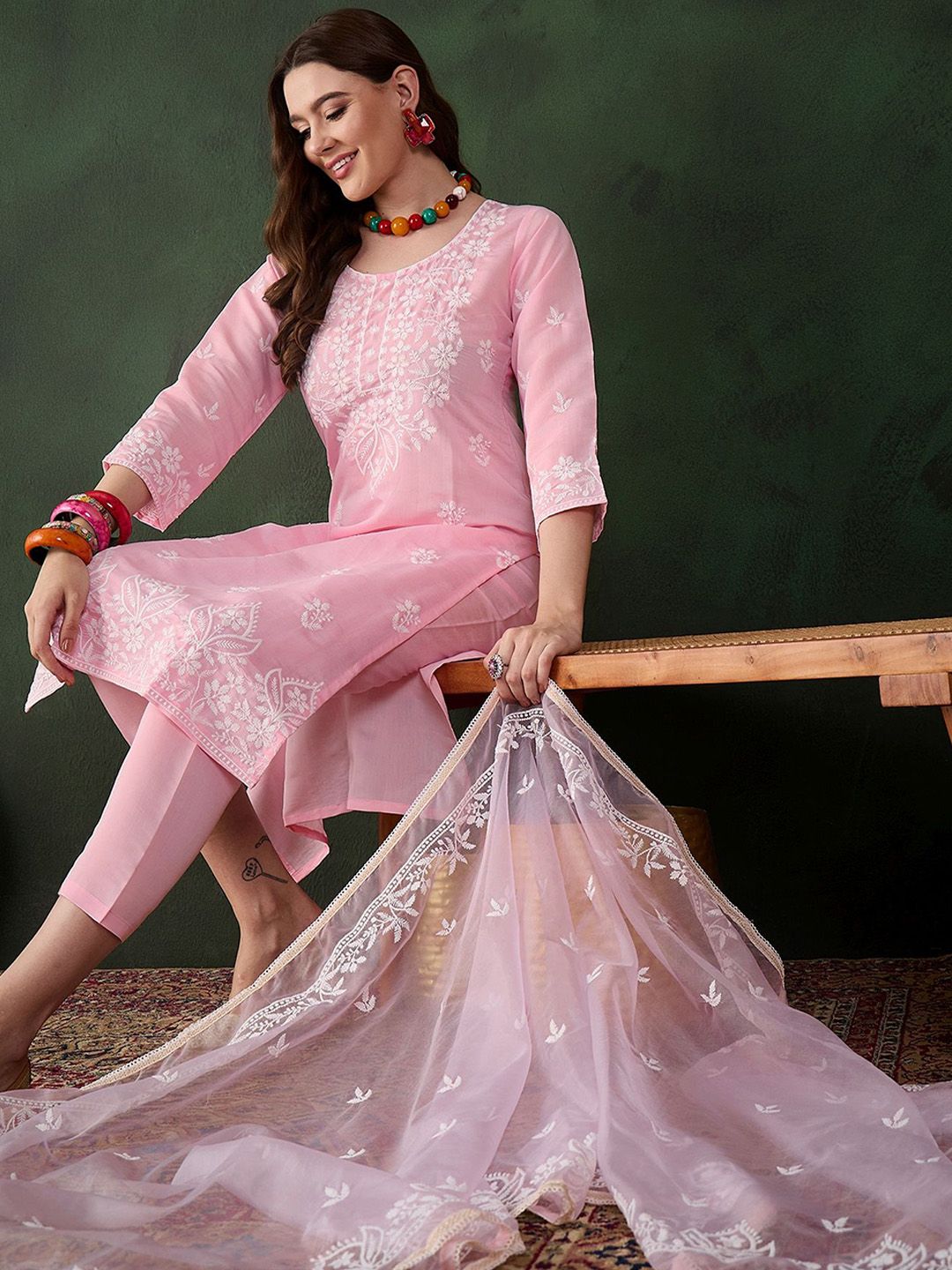 Sangria Pink and White Floral Embroidered Thread Work Cotton Kurta & Trouser With Dupatta | Grocsy