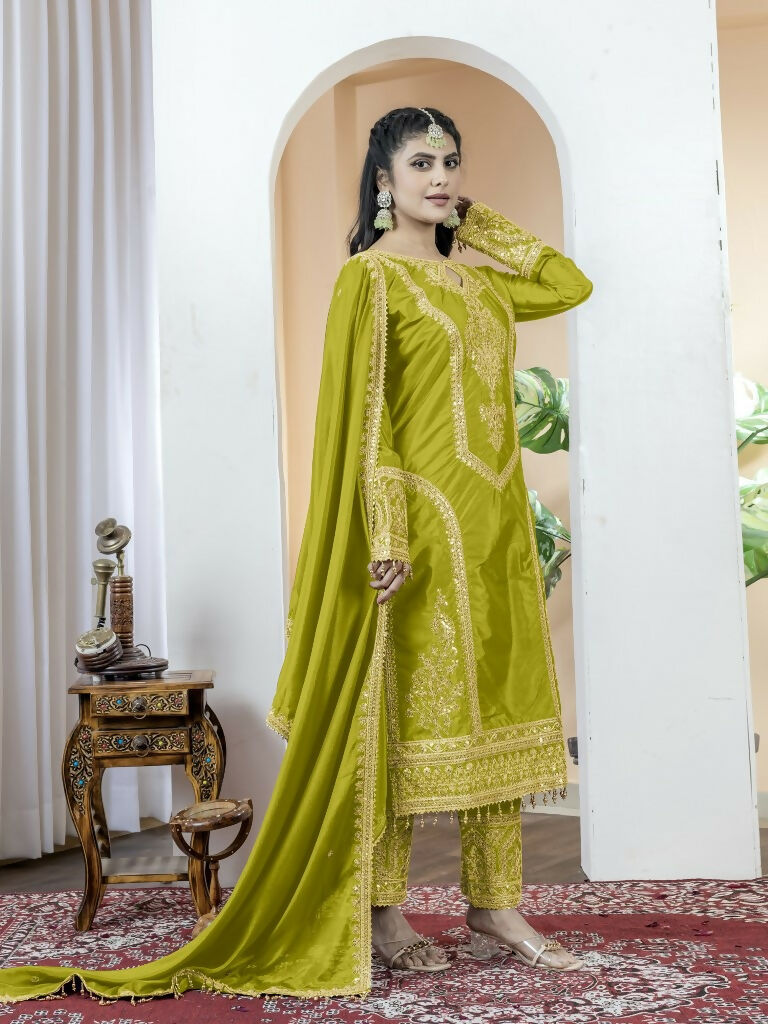 Teeya Creation Pista Green Color Chinnon Silk Embroidery Work Fully Stitched Salwar Suit | Grocsy