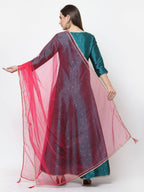 Myshka Green Silk Solid 3/4 Sleeve V Neck Casual Anarkali Kurta Dupatta Set | Grocsy
