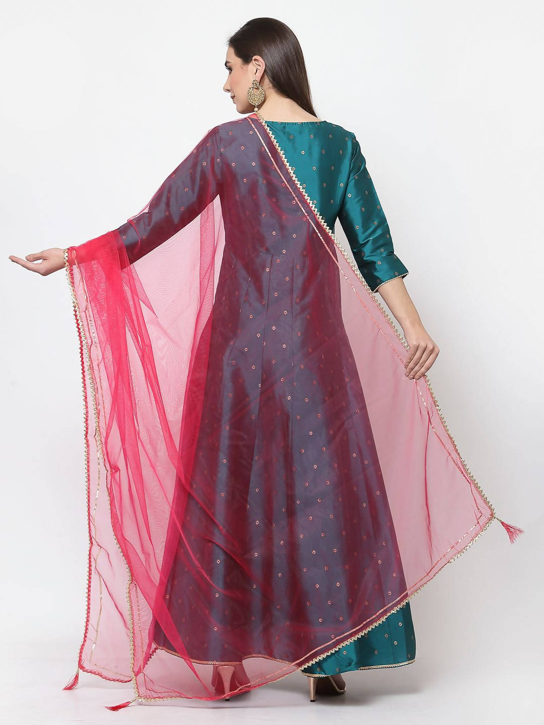 Myshka Green Silk Solid 3/4 Sleeve V Neck Casual Anarkali Kurta Dupatta Set | Grocsy