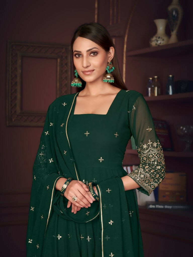 Jyoti Fashion Women's Golden & Bottle Green Georgette Embroidered Anarkali Kurta Pant Set With Dupatta | Grocsy
