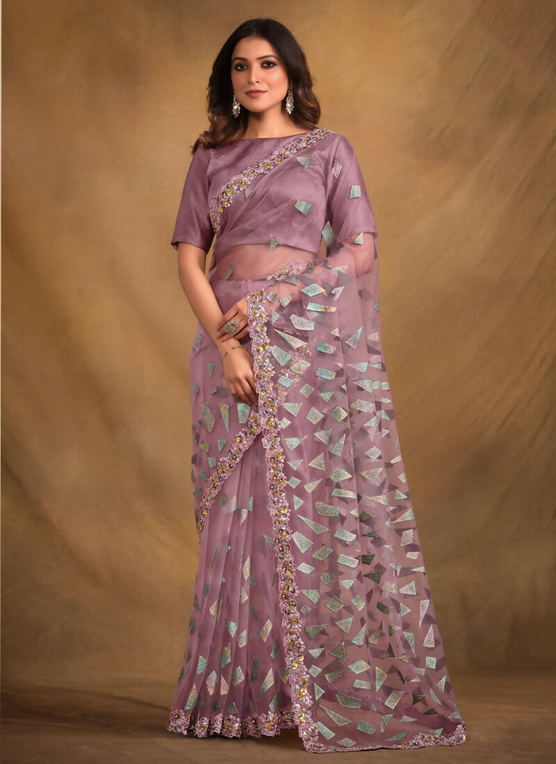 Light Purple Velvet Texture Net Designer Saree with Unstitched Blouse - Norita Mahitha | Grocsy