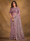 Light Purple Velvet Texture Net Designer Saree with Unstitched Blouse - Norita Mahitha | Grocsy