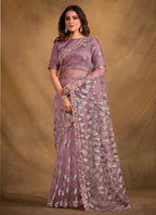 Light Purple Velvet Texture Net Designer Saree with Unstitched Blouse - Norita Mahitha | Grocsy