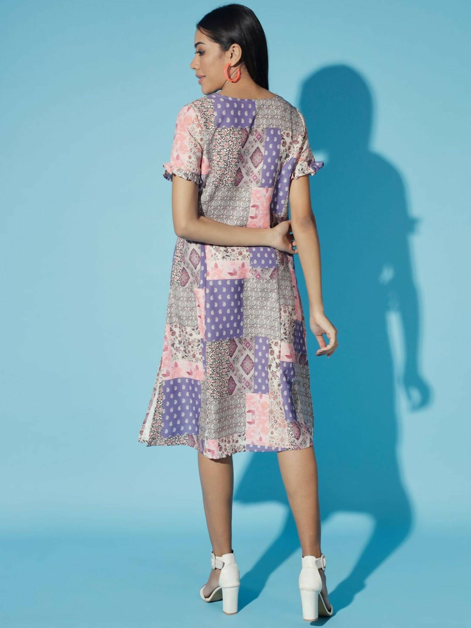 Myshka Women Multi-Geometric Rayon A-Line Round Neck Dress | Grocsy