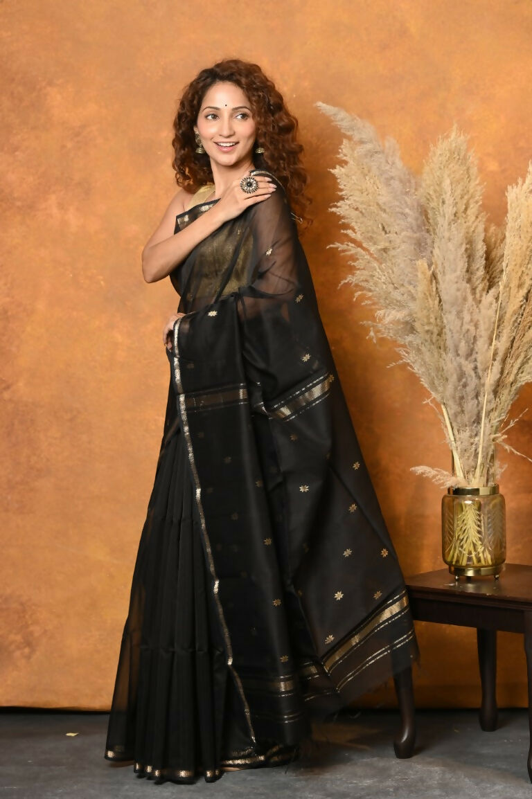 Very Much Indian Handloom Pure Cotton Silk Saree With Sleek Golden Border - Black | Grocsy