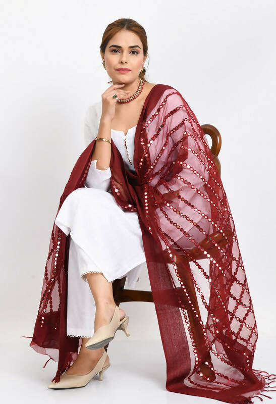 Mominos Fashion Moeza Women's Orgenza Mirror Stripe Thread Work Maroon Dupatta | Grocsy