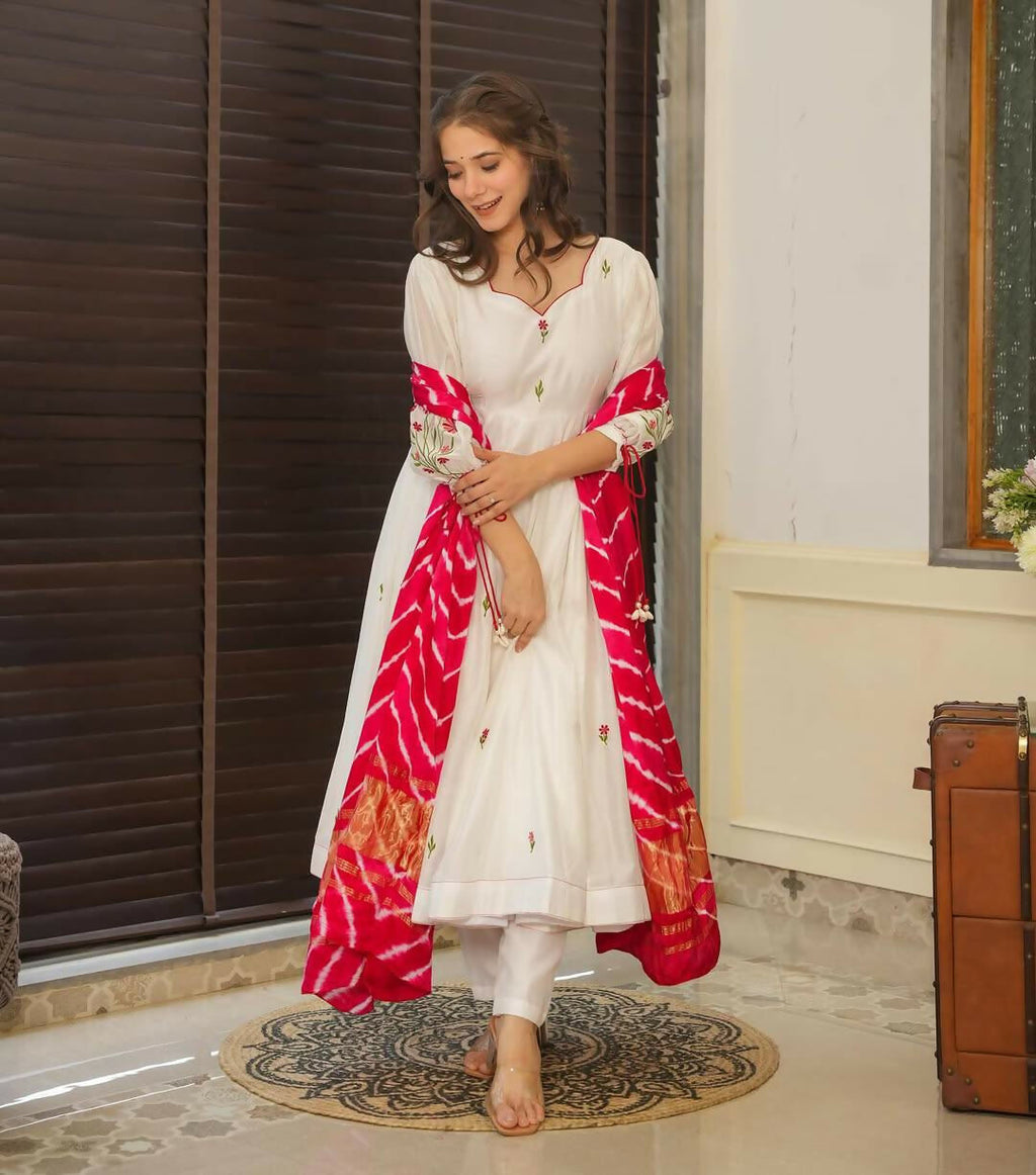 The52 Off White Women's Beautiful Chanderi Fabric Thread work Flared Anarkali with Pant And Dupatta Set | Grocsy