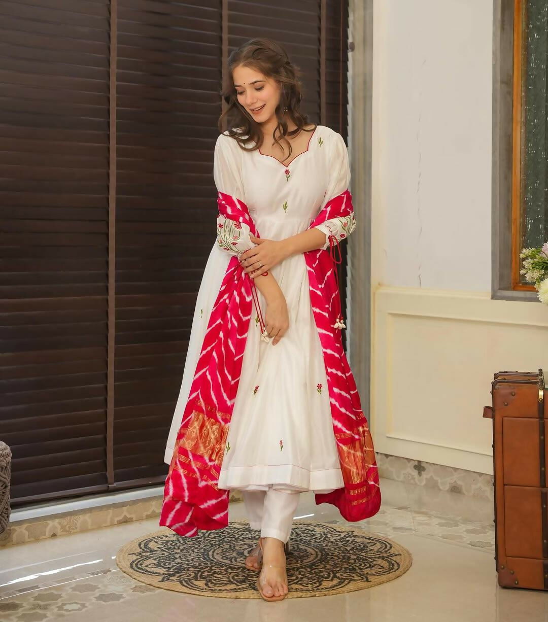 The52 Off White Women's Beautiful Chanderi Fabric Thread work Flared Anarkali with Pant And Dupatta Set | Grocsy