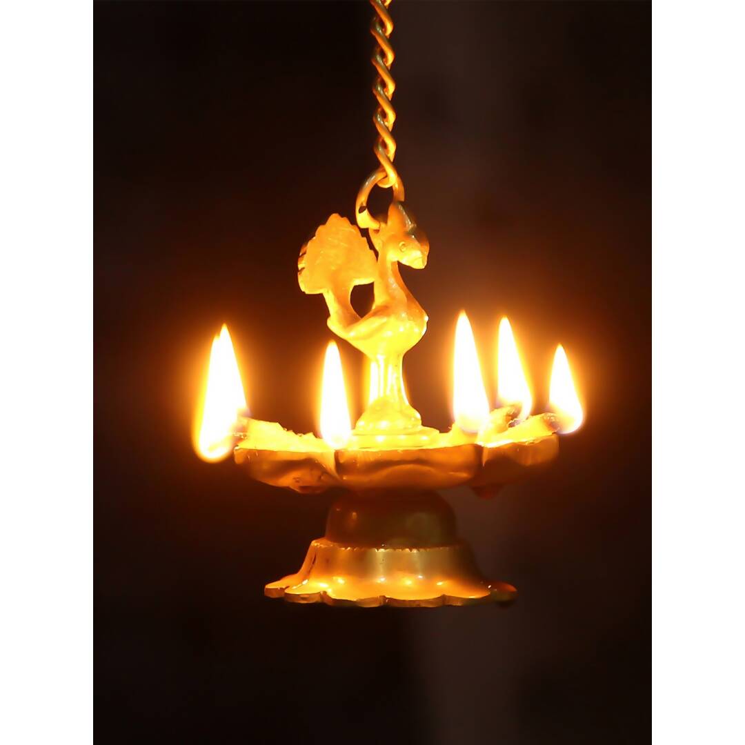 eCraftIndia Gold-Toned Peacock Shaped Hanging Oil Wick Diya | Grocsy