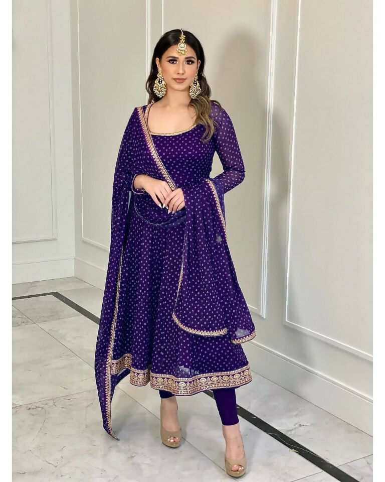 Teeya Creation Purple Color Bandhani Print With Embroidery Work Functional Wear Gown | Grocsy